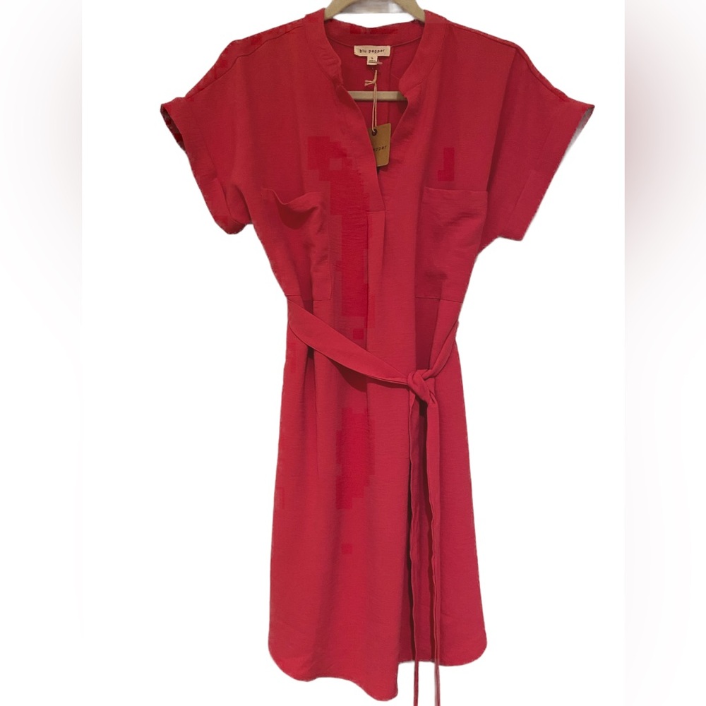 Blu Pepper Short Sleeve Button Back Belted Shirt Dress Pink